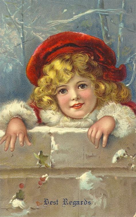 Blond Girl With Red Cap Looks Over The Fence Best Regards Christmas