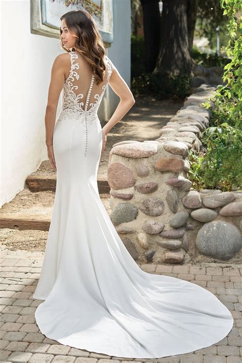 T212002 Simple Embroidered Lace And Stretch Crepe Wedding Dress With V