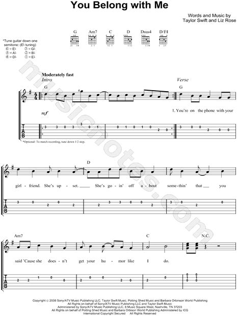 Taylor Swift You Belong With Me Guitar Tab In G Major Download