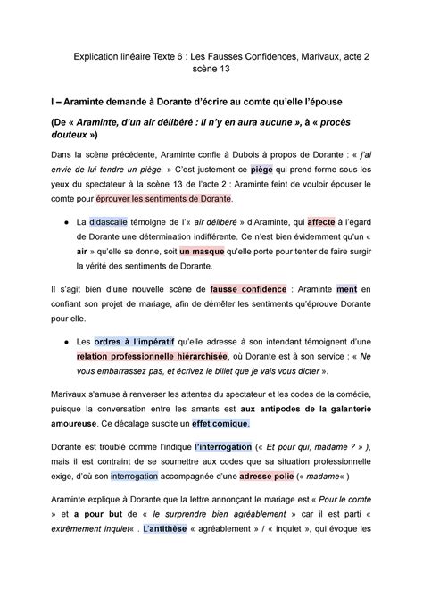 Explication linéaire Texte 6 Les Fausses Confidences, Marivaux, acte 2
