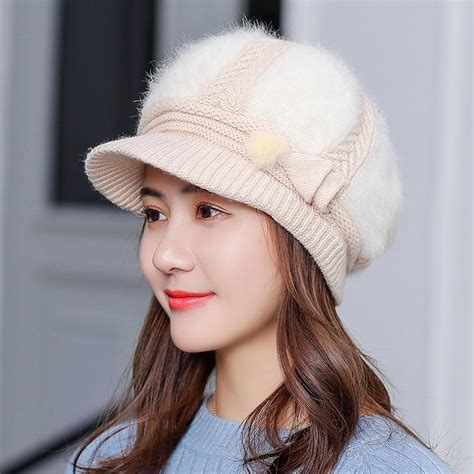 Buy Women Winter Warm Knitted Hat Woolen Snow Skiing Caps With Visor At