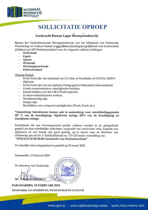 Sollicitatie Oproep Leerkracht Lbo Stoelmanseiland Suriname