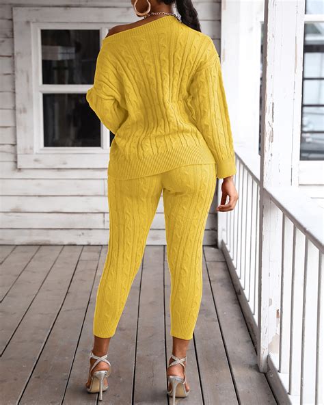 Solid Ribbed Knitting Casual Sweater Pants Sets