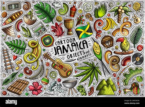 Cartoon Vector Doodle Set Of Jamaica Traditional Symbols Items And