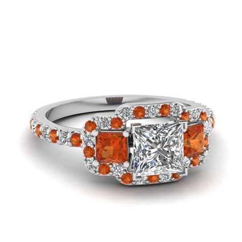 3 Stone Halo Diamond Engagement Ring With Orange Sapphire In 14k White