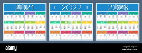 Calendario 2021 2022 2023 Colorido Conjunto La Semana Comienza El Domingo Ilustración