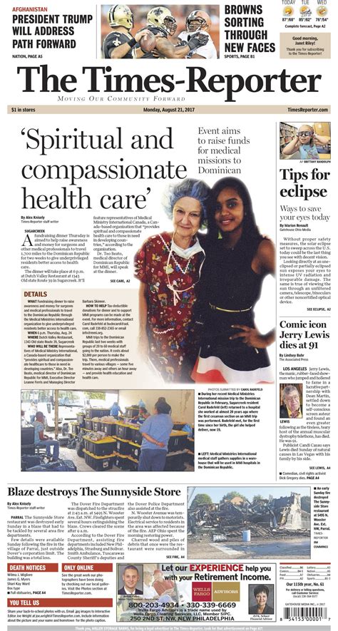 The Times-Reporter front page for Aug. 21, 2017. www.timesreporter.com