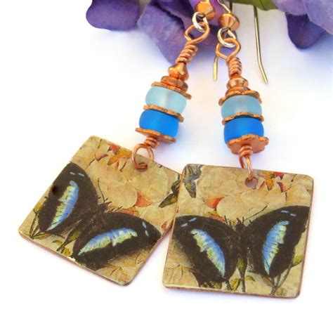Blue Morpho Butterfly Earrings Copper Faux Vintage Handmade Jewelry
