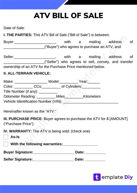 Atv Bill Of Sale Blank Printable Form Template In Pdf And Word