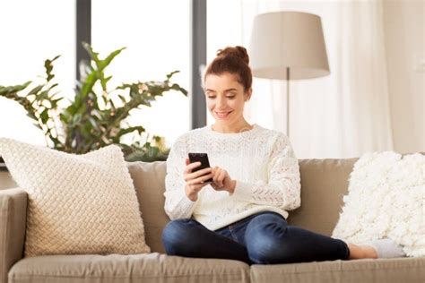 Woman With Smartphone At Home Stock Image Image Of Cosiness