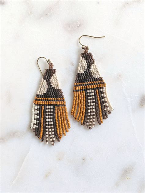 Boho Seed Bead Earrings Neutral Colors Native American Fringe