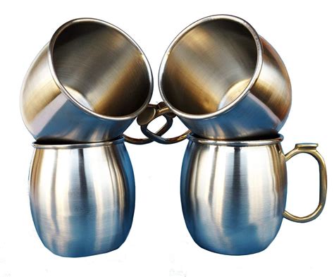 Set Of 4 Stainless Steel Moscow Mule Mugs With Thumb Supported Brass Handle Coffee Wine Cold
