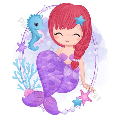 Cute Little Mermaid In Watercolor Illustration Png Images Eps Free