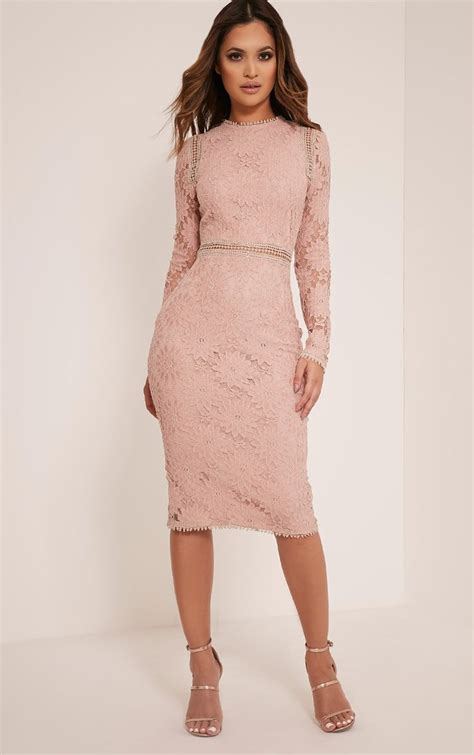 Caris Dusty Pink Long Sleeve Lace Bodycon Dress Pink Wedding Guest