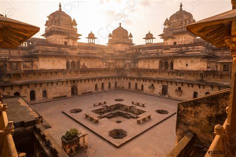 Orchha Palace Interior With Courtyard And Stone Carvings Backlight