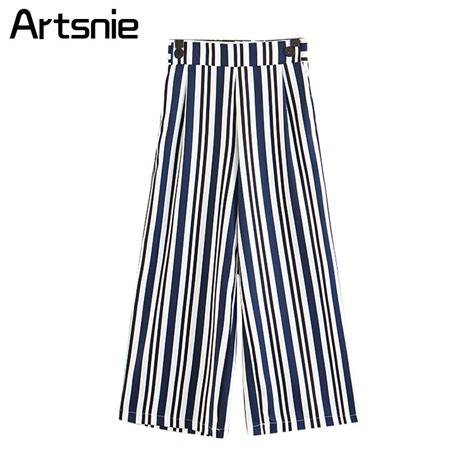 Artsnie Navy Blue Striped Casual Wide Leg Pants Women Summer Beach High