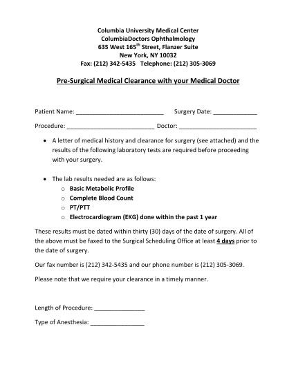 17 Medical Clearance Forms For Surgery Free To Edit Download And Print