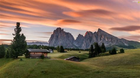 Dolomites Italy Viewes Great Sunsets Trees Val Gardena Valley