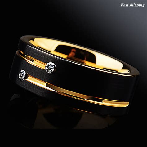 8mm Black Brushed Tungsten Ring Gold Grooved Line Cz Inlay Atop Men