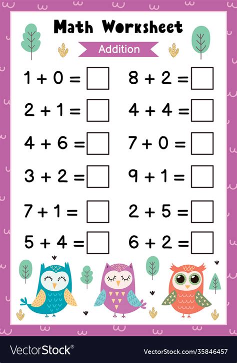 Math worksheet for kids addition mathematic Vector Image