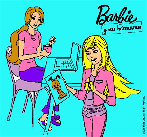Dibujo de Barbie y su hermana merendando pintado por Adrrea en Dibujos net el día a las