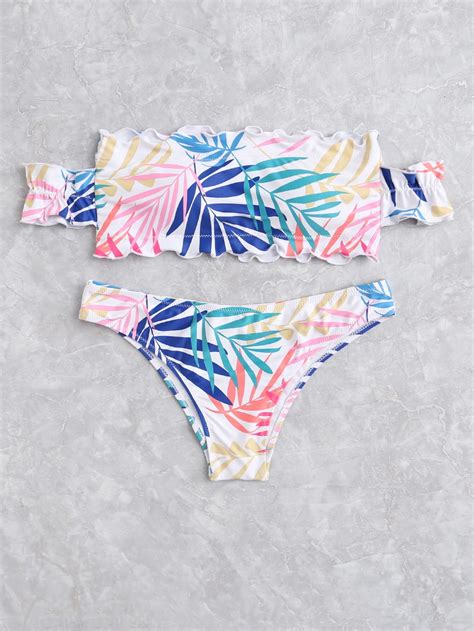 Leaf Print Ruffle Hem Bikini Set SheIn Sheinside