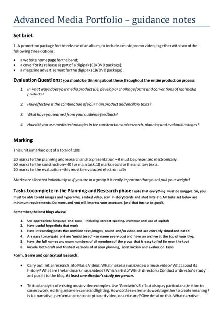 Advanced Media Portfolio Guidance Task Sheets And Criteria Pdf