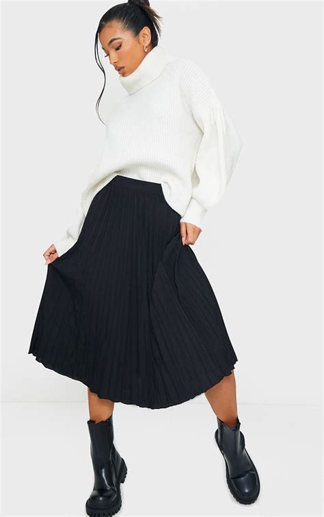 Black Woven Pleated Midi Skirt Skirts Prettylittlething Usa