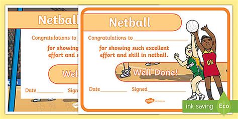 Netball Achievement Certificate Teacher Made Twinkl