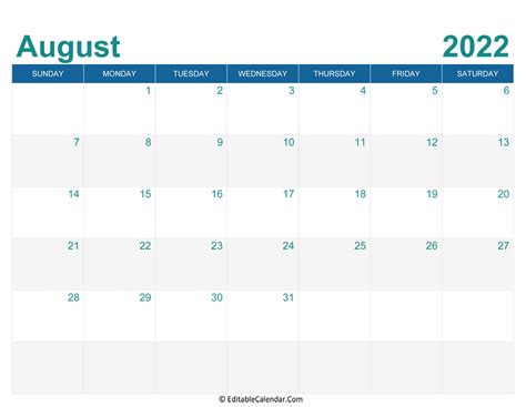 Editable August 2022 Calendar