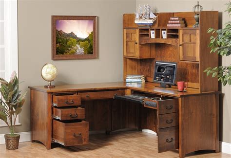 Brown Corner Wood Desk With Shelves And Drawers