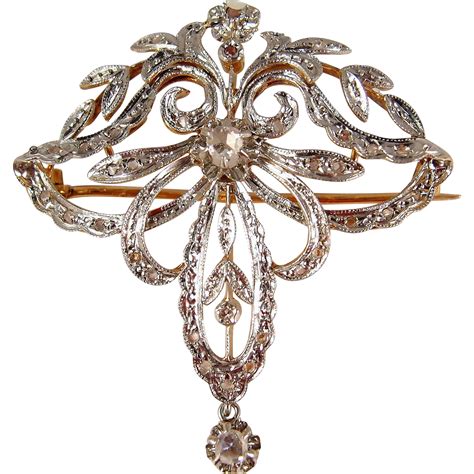 Antique Art Nouveau 18k Solid Gold Brooch With 29 Rose Cut Diamonds