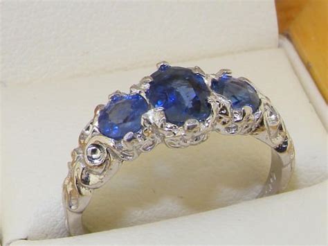 Ornate 18k White Gold Ceylon Sapphire Trilogy Ring Ornate Ceylon