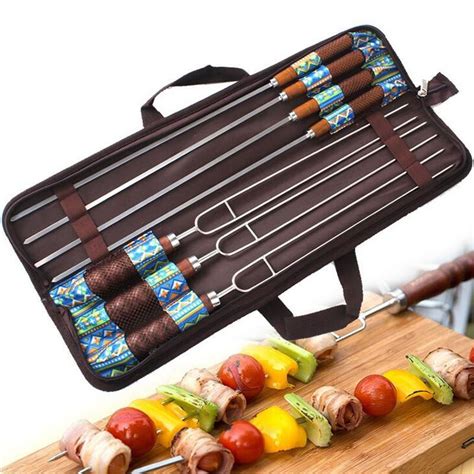 7pcsset Outdoor U Shaped Barbecue Fork Stainless Steel Wood Handle