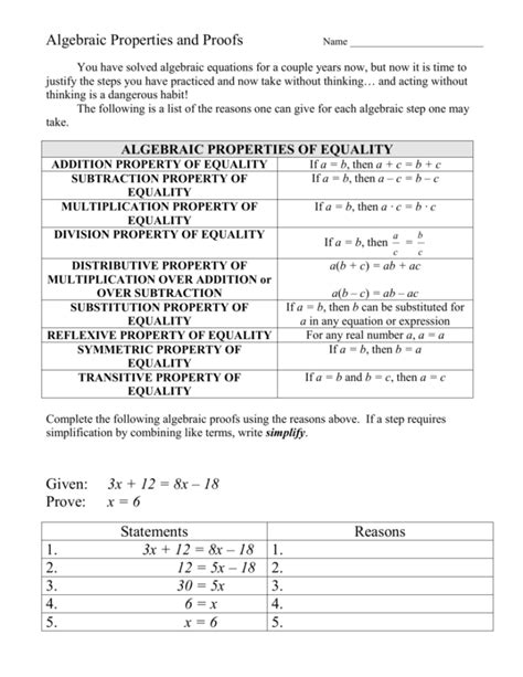 Algebraic Proof Worksheet