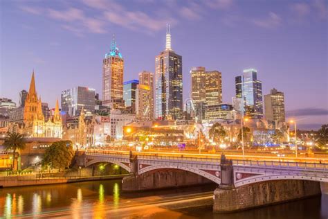 View Of Melbourne Cityscape At Night Stock Photo Image Of Skyline