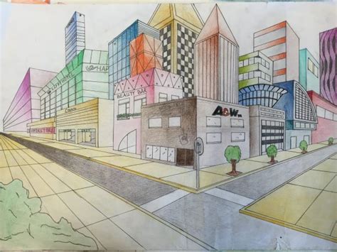 Two Point Perspective Futuristic City Drawing Jennifer Chen With