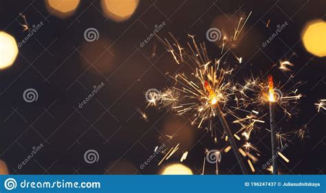 Sparkler Or Bengal Fire On Black Night Lighting Background Christmas