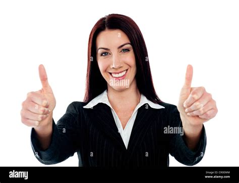 Confident Businesswoman Showing Double Thumbs Up Isolated Over White Stock Photo Alamy
