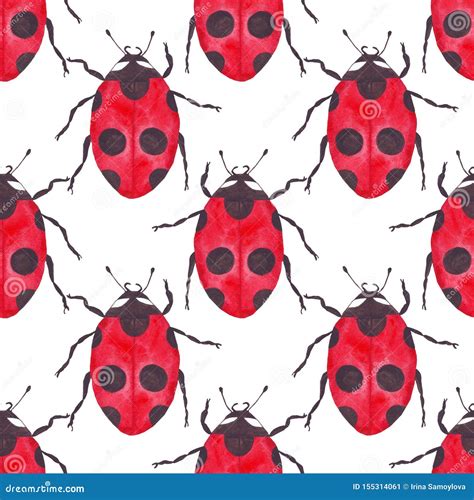 Watercolor Ladybug Seamless Pattern On White Background Regular Simple