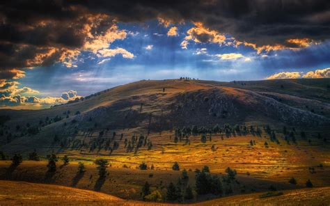 Nature Landscape Sun Rays Mountain Clouds Trees