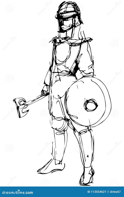 Sketch Medieval Warrior In Armor With Ax And Shield Stock Vector