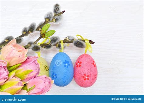 Happy Easter Pussy Willow And Colorful Eggs Stock Photo Image Of