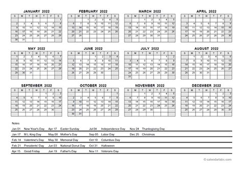 2022 Pdf Yearly Calendar With Holidays Free Printable Templates