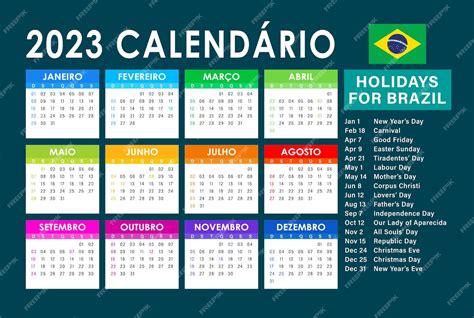 Vetor De Calendário 2023 Versão Brasileira Com Feriados Vetor Premium