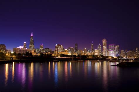 Usa Illinois Chicago City Town Night Lights Embankment