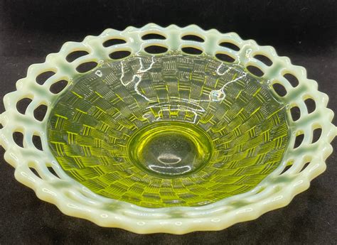 Fenton Green Vaseline Opalescent Open Basket Weave Bowl Etsy