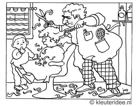 kleurplaat bij de kapper, haren knippen, kleuteridee.nl. Kapper