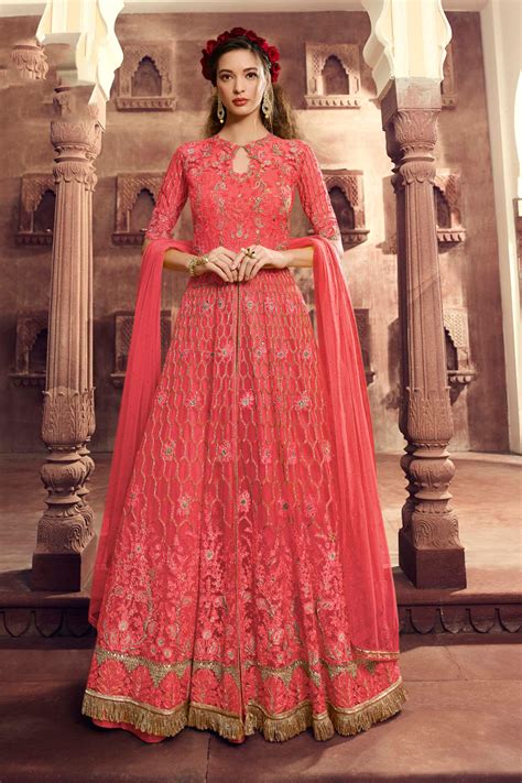 Buy Eid Special Comforting Pink Color Net Fabric Designer Anarkali Suit With Embroidery Work