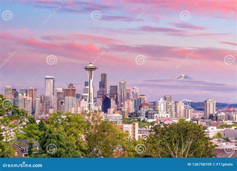 Seattle Skyline Panorama At Sunset As Seen From Kerry Park Editorial Photo